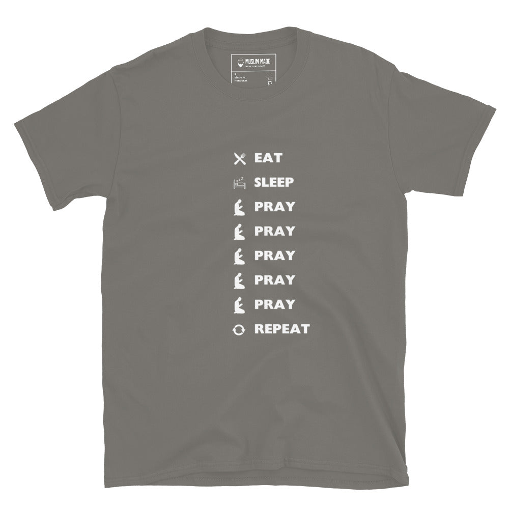 Eat Sleep Pray Repeat T-Shirt in charcoal – Islamic apparel from Muslim Made
