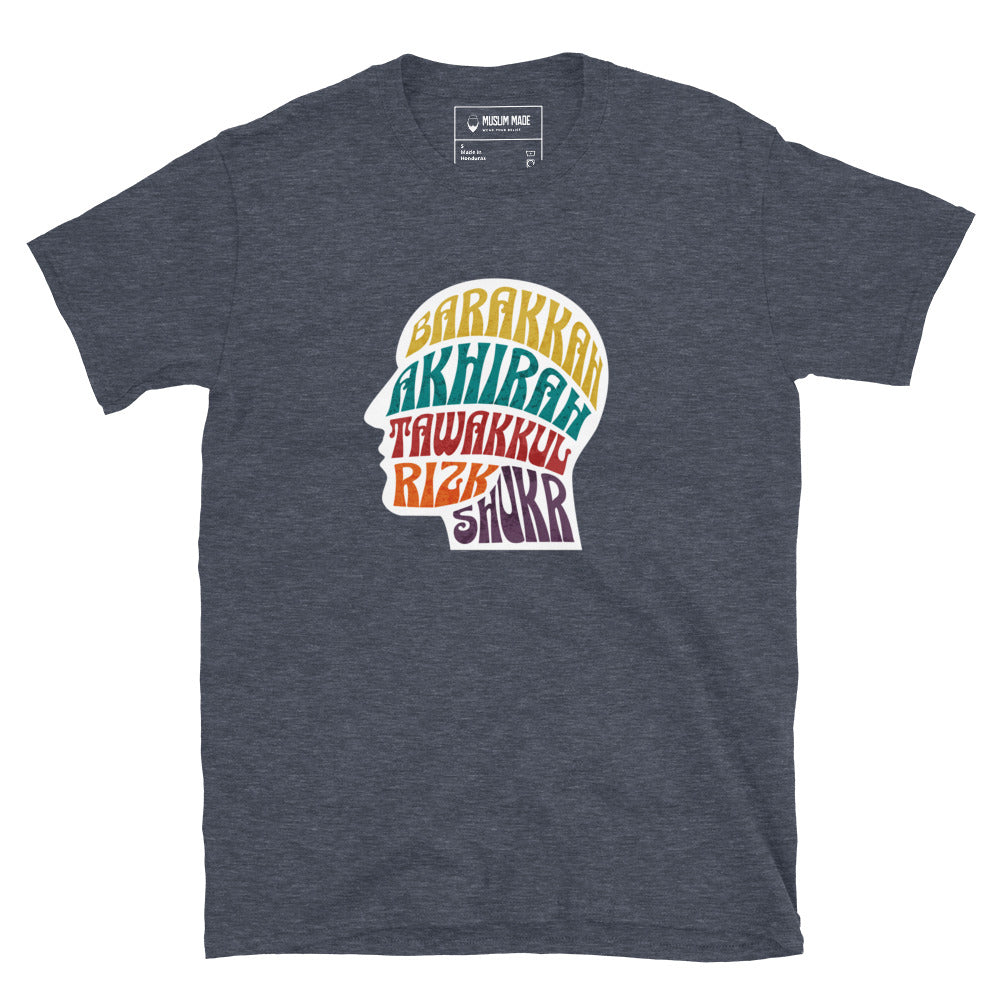 Muslim Mindset Values T-Shirt in heather navy – Islamic apparel from Muslim Made